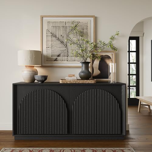 WIN2WIN 65" Fluted Sideboard Buffet Cabinet with Storage, Modern Credenza with Double-Layered Arch Doors, Wood TV Media Console Table Accent Cabinet for Living Room Dining Room Hallway Entryway, Black win2win