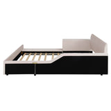 Merax Queens Size Velvet Bed Frames Upholstered Grounded Bed, Wooden Mother & Child Bed with Bedside Desk and Little Round Stool,Kids Adults Bedroom Floor Platform Bed,Beige Merax