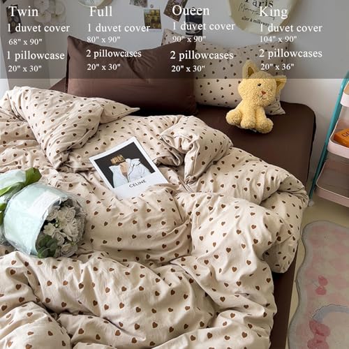 Jolusere Light Khaki Duvet Cover Full Chocolate Brown Love Heart Bedding Set for Girls Boys Simple Fashion Love Heart Shaped Pattern Comforter Cover Reversible Soft Microfiber 3Pcs Zipper Closure Jolusere