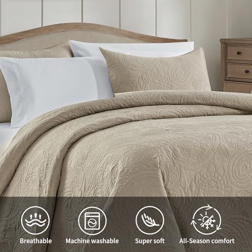 BOURINA Ultrasonic Quilt Set Bedspreads 3-Piece Bedding Set Pre-Washed Microfiber Ultra Soft Lightweight Flower Coverlet Set for All Season, King Beige BOURINA