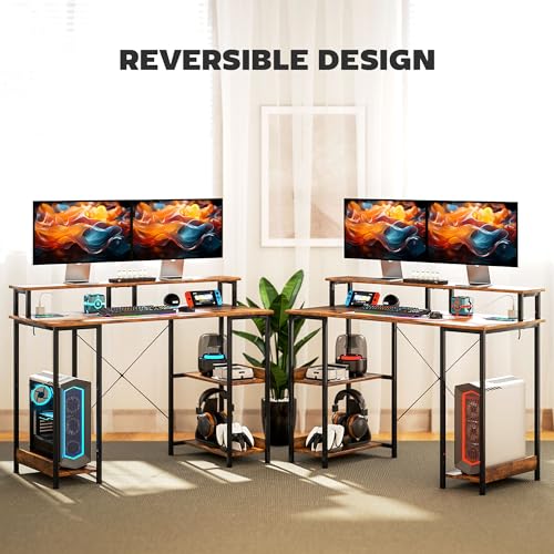 HOMCOM 47" Gaming Desk with Power Outlets and LED Lights, Reversible Computer Desk with Monitor Stand and 2-Tier Storage Shelves, Cable Management, for Home Office, Rustic Brown HOMCOM