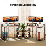HOMCOM 47" Gaming Desk with Power Outlets and LED Lights, Reversible Computer Desk with Monitor Stand and 2-Tier Storage Shelves, Cable Management, for Home Office, Rustic Brown HOMCOM