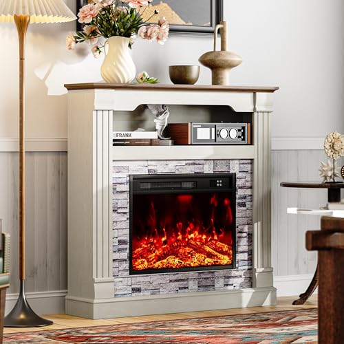 TRONLEE 40" H Electric Fireplace with Mantel, LED Flame Effect,4800 BTU Heating Small to Medium Spaces 60-99°F,Overheat Protection,Remote Control,Freestanding (Off White) TRONLEE