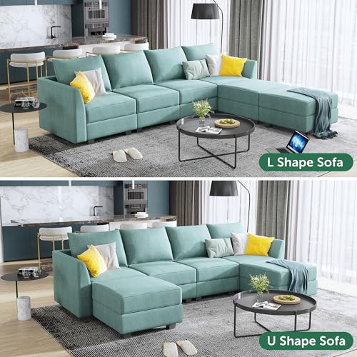 HONBAY Convertible Modular Sectional Sofa U Shaped Modular Couch with Reversible Chaise Modular Sectional Couch with Storage, Aqua Blue HONBAY