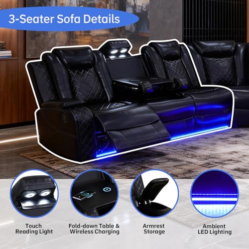 Saxum Tegmen Power Recliner Sofa Set, Living Room Furniture Sets, Leather Sectional Sofa Set with LED Lights, Cup Holders, Storage Console for Living Room/Home Theater (Black)