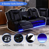 Saxum Tegmen Power Recliner Sofa Set, Living Room Furniture Sets, Leather Sectional Sofa Set with LED Lights, Cup Holders, Storage Console for Living Room/Home Theater (Black)