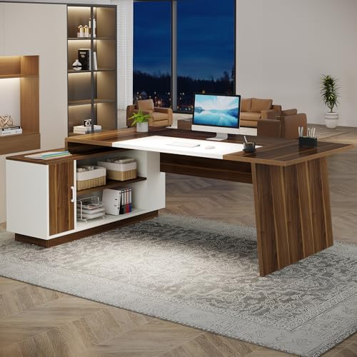 Tribesigns L-Shaped Executive Office Desk, 70.5-Inch Mid-Century Modern Executive Desk with Storage Cabinet and Shelves, Large Computer Desk for Home Office, Brown + White Tribesigns