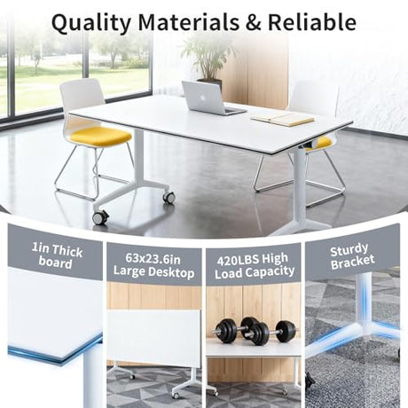 Conference Table Folding Conference Room Table with Wheels 63”x 23.6”Mobile Meeting Tables Foldable Rolling Modern Minimalist Desk for Office Podcast Training Breakroom, White(2pcs) Bisonful