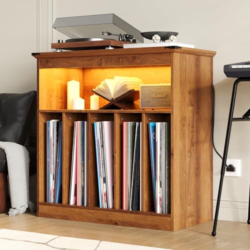 MHOM Farmhouse Large Record Player Stand with Power Outlets & LED Lights, Vinyl Record Stand hold up to 150 Albums, Turntable Stand for Living Room, Bedroom, Brown MHOM