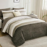 Drucon Brown Comforter Set King Size 7 Piece Bed in a Bag Striped Bedding Set Soft Microfiber Comforter and Sheet Set for All Season (King, 104"x90") Drucon