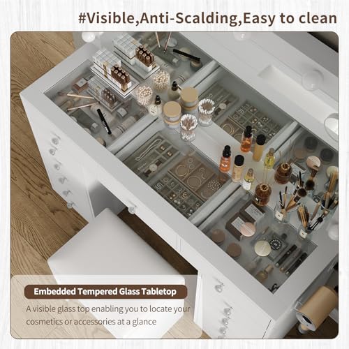 FUSOU 13 Drawers Vanity Desk, 47''W Makeup Vanity with Power Outlet, Vanity Table with Mirror and 12 LED Bulbs, 3 Color Lighting Modes, Glass Top, Dressing Table for Bedroom (White) FUSOU