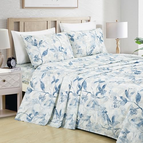 Chezmoi Collection Monica 3-Piece Tropical Floral Bed Sheet Set - Blue Gray White Textured Floral Printed Microfiber 14-Inches Deep Pocket Sheets & Pillowcases Set, Twin Chezmoi Collection