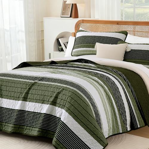 Quilt Set Queen Size Sage Green Striped Bedding Set 3 Piece Lightweight Bedspreads Coverlets Set Soft Microfiber Summer Striped Quilts With 2 Pillowcases All Season Patchwork Comforter Set 96"×90" Djoymock