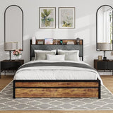 King Size Metal Platform Bed Frame with 2 Storage Drawers, LED Light, Velvet Headboard with USB Port - Heavy Duty, Brown Wooden Panel, No Box Spring Needed - King Bed Frame with Storage (Brown, King) LUBEDCY