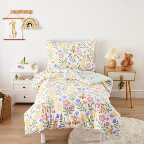 Wake In Cloud - Floral Toddler Bedding Set for Girls, Cute Colorful Botanical Flowers with Deers, 4 Pieces Soft Crib Bed Set Including Comforter, Sheets and Pillowcase, Green Cream Wake In Cloud