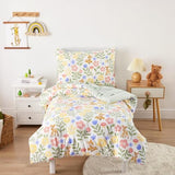 Wake In Cloud - Floral Toddler Bedding Set for Girls, Cute Colorful Botanical Flowers with Deers, 4 Pieces Soft Crib Bed Set Including Comforter, Sheets and Pillowcase, Green Cream Wake In Cloud