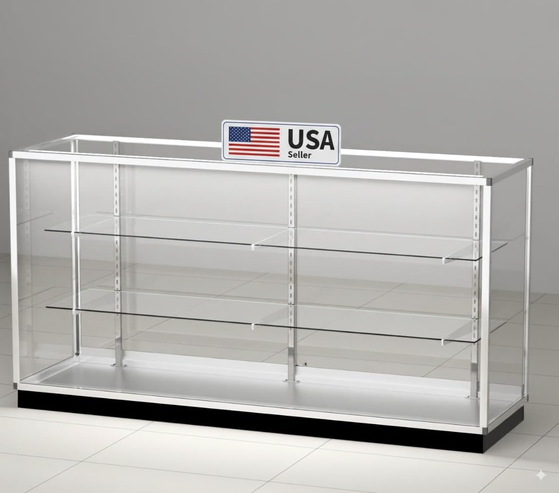 72" Glass Display Showcase Cabinet –Silver Aluminum Frame, Tempered Glass Shelves, Lockable Sliding Doors & LED Lighting – Extra Vision Retail Fixture for Stores, Exhibits & Collectibles Generic
