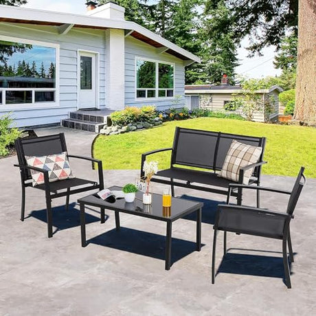 Shintenchi 4 Pieces Patio Furniture Set All Weather Textile Fabric Outdoor Conversation Set, with Glass Coffee Table, Loveseat, 2 Single Chairs for Home, Garden, Lawn, Porch（Black） Shintenchi