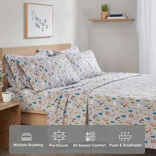 Comfort Spaces Cotton Flannel Sheets Twin Size, Ultra Soft Flannel Sheet Set with 12" Elastic Pocket , Novelty Print Warm Flannel Bedding, Multi Forest Animals 3 Piece Comfort Spaces