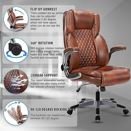 REFICCER Brown Leather Office Chair with Flip up Arms, High Back Ergonomic Executive Office Chairs with Wheels, 90-120° Rocking Office Desk Chair with Lumbar Support, Swivel Task Chairs REFICCER