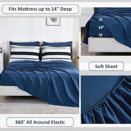 WONGS BEDDING Queen Comforter Set, 7 Pieces Navy Blue Comforter Set Queen Size, Soft Striped Bed in a Bag Bedding Set with Comforter, Flat Sheet, Fitted Sheet, Pillow Shams, Pillowcase WONGS BEDDING