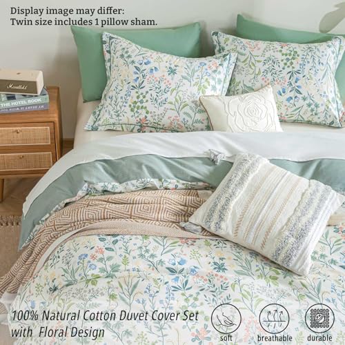 LEMIROE 100% Cotton Floral Duvet Cover Twin Size 2PC - Botanical Wildflower Pattern with Soft Pestel Accents on White, Dusty Green Reverse, Neutral Bedding Set with Button Closure(68"×90") LEMIROE
