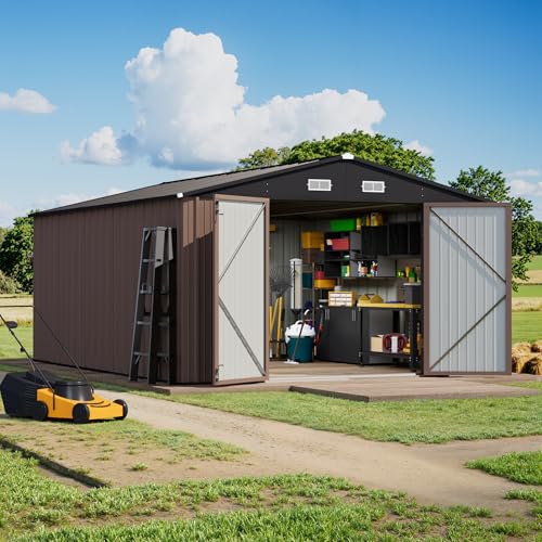 Greesum 10×14 FT Outdoor Storage Shed, Metal Storaged Sheds Without Floor, Tool Sheds with Lockable Doors and Sloping Roof for Garden, Patio, Backyard, Brown Greesum