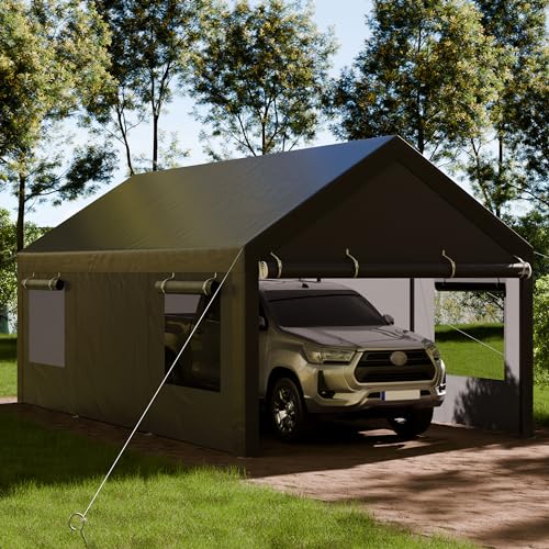 Shintenchi Carport 10' x 20' Heavy Duty Portable Garage, Car Port Canopy with Side-Opening Removable Door & Roll-Up Windows, Car Canopy for Truck,Car,Boat,Motorcycle,Grey Shintenchi