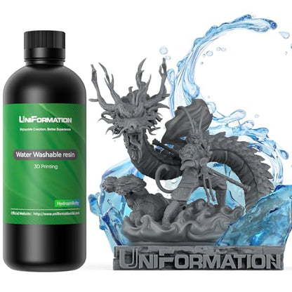 UNIFORMATION HD Water Washable Resin Easy to Clean Fast UV Curing 3D Printer Resin Photopolymer Low Viscosity Rapid 3D Resin Liquid with High Precision Suit for SLA/LCD/DLP Printing HD Dark Grey 1KG