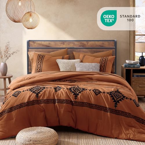 MaiRêve Embroidery Comforter Set, Boho Farmhouse Western Bedding Set, All Season Bed in A Bag Comforter Set with Sheets, Pillowcases & Shams, Burnt Orange King 7 Pieces MaiRêve