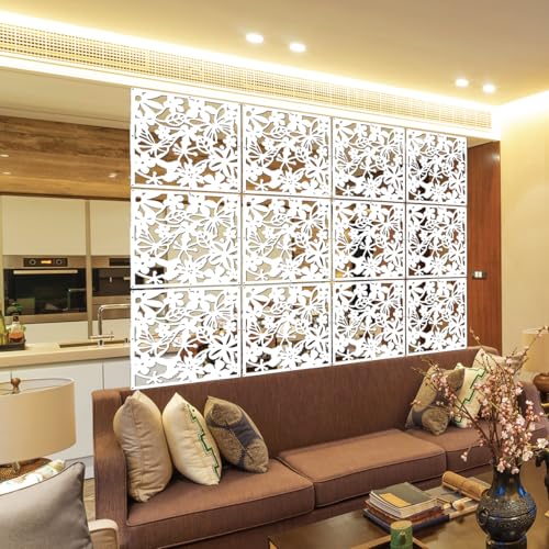 LRZCGB Hanging Room Divider,24 Pieces PVC Screen Partition Panel with Butterfly Flower Bird for Living Dining Study Sitting-Room Hotel Bar Decoration (White, 24) LRZCGB