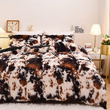 Aimuan Cow Print Duvet Cover Shaggy Fluffy Tie Dye Brown Black Velvet Bedding Set Super Soft Faux Fur Fuzzy Comforter Cover with Pillowcases (Coffee-Black, King) Aimuan