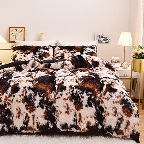 Aimuan Cow Print Duvet Cover Shaggy Fluffy Tie Dye Brown Black Velvet Bedding Set Super Soft Faux Fur Fuzzy Comforter Cover with Pillowcases (Coffee-Black, King) Aimuan