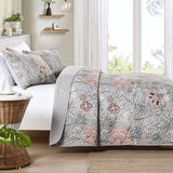 WONGS BEDDING Floral Quilt Set King Size, Grey Botanical King Bedspread Bedding Sets Soft Lightweight Microfiber Flower Gray Coverlet Set 3 Pieces for All Season (104"x90") WONGS BEDDING