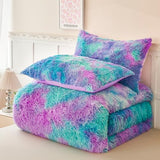 PERFEMET Fuzzy Girls Bedding Set Full Size 3 Pieces Luxury Purple and Teal Faux Fur Fluffy Comforter for Kids Teens Ultra Soft Warm Tie Dye Velvet Plush Shaggy Bed Comforter Sets(Purple Teal, Full) PERFEMET
