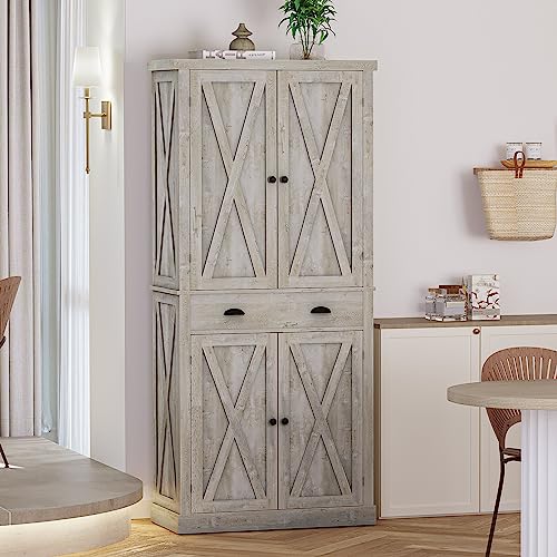 IRONCK Kitchen Pantry Storage Cabinet 72.6" H, with Barn Doors, Drawer, 4 Adjustable Shelves, Freestanding Cupboard for Dining Room Living Room, Laundry, Rustic Maple IRONCK
