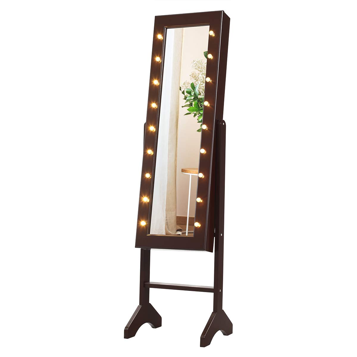 Giantex Standing Jewelry Armoire with 18 LED Lights Around the Door, Large Storage Mirrored Jewelry Cabinet with Full Length Mirror, 16 Lipstick Holders, 1 Inside Makeup Mirror (Brown) Giantex