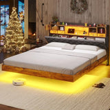 BYSAUD California King Bed Frame with LED Lights & Charging Station, Floating Bed Frame with Storage Headboard, Heavy Duty Metal Platform with Capacity of 1200 LBS, No Box Spring Needed, Grey BYSAUD