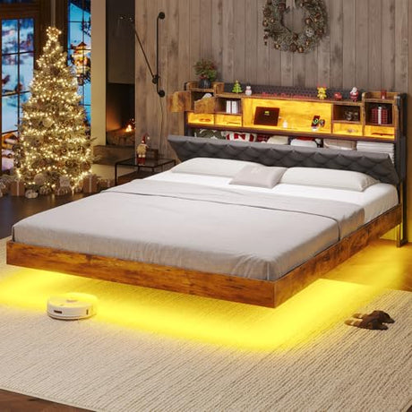 BYSAUD California King Bed Frame with LED Lights & Charging Station, Floating Bed Frame with Storage Headboard, Heavy Duty Metal Platform with Capacity of 1200 LBS, No Box Spring Needed, Grey BYSAUD