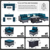 WAROOM Patio Furniture Set 9 Piece Gray Rattan Outdoor Sectional Sofa PE Wicker Couch Conversation sets with 45" Propane Fire Pit Table and Non-Slip 5" Thick Peacock Blue Cushion WAROOM