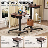JOY worker Height Adjustable Rolling Laptop Desk with Shelf,Mobile Standing Desk,Pneumatic Mobile Laptop Table with Wheels for Couch Home Office School,Holds Up to 22lbs,Dark Walnut JOY worker