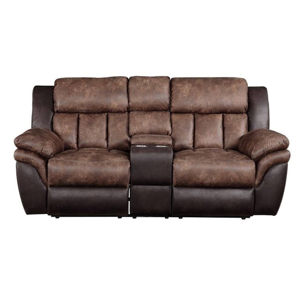 Acme Jaylen Microfiber Reclining Loveseat with Console in Toffee and Espresso Acme