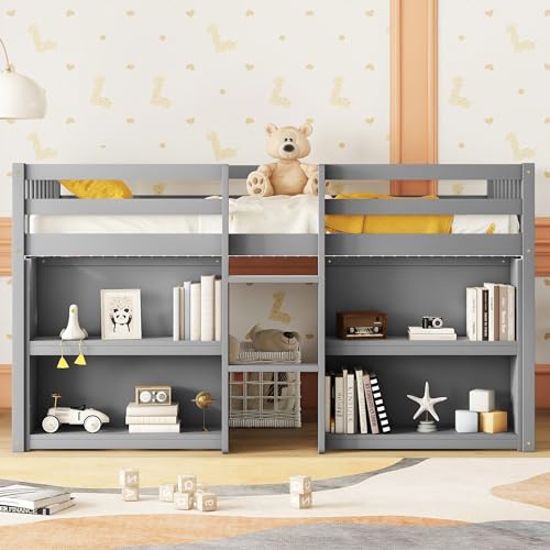 Harper & Bright Designs Low Loft Bed with Storage Shelves and LED Light for Kids, Twin Size, Gray - WoodArtSupply