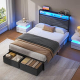 Fluest Twin Bed Frame with Storage Drawers, Upholstered Headboard with Charging Station, LED Lights, Fabric Drawers with Wheels, Under Bed Storage, No Box Spring Needed, Easy Assembly, Grey Fluest