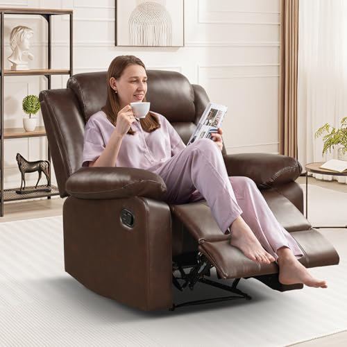 IOMOR Manual Recliner Chair with Overstuffed Arm and Extra-Padded Back, Breathable PU Leather Reclining Chair for Adults, Single Sofa for Living Room, Bedroom (Dark Brown)