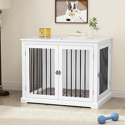 PUPETPO Dog Crate Furniture with Cushion, Dog Crate End Table Large, Indoor Dog Kennel, Dog House, Dog Cages for Large Dogs, Furniture Style Dog Crate with Flip-top, Chew-Proof Metal Bars, White