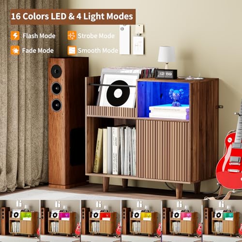 fineway Large Record Player Stand with Power Outlets & LED Lights, Record Player Table Cabinet with Vinyl Record Storage Holds up to 300 Albums, Turntable Stand for Living Room, Bedroom fineway