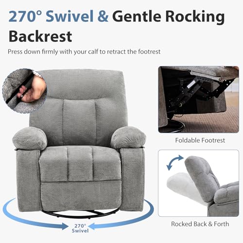 DUMOS Rocker Recliner Chair, Swivel Recliner with Vibration Massage & Lumbar Heating, 270° Rotating Chenille Fabric Recliner with footrest for Living Room & Bedroom, Grey