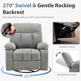 DUMOS Rocker Recliner Chair, Swivel Recliner with Vibration Massage & Lumbar Heating, 270° Rotating Chenille Fabric Recliner with footrest for Living Room & Bedroom, Grey