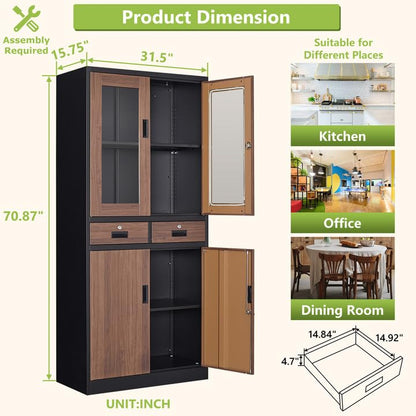 AFAIF Glass Display Cabinet with Drawers, Lockable Metal Storage Cabinets with 2 Adjustable Shelves, 71'' Tall Locking Cabinets Modern Liquor Cabinet Freestanding Kitchen Pantry Storage Cabinet